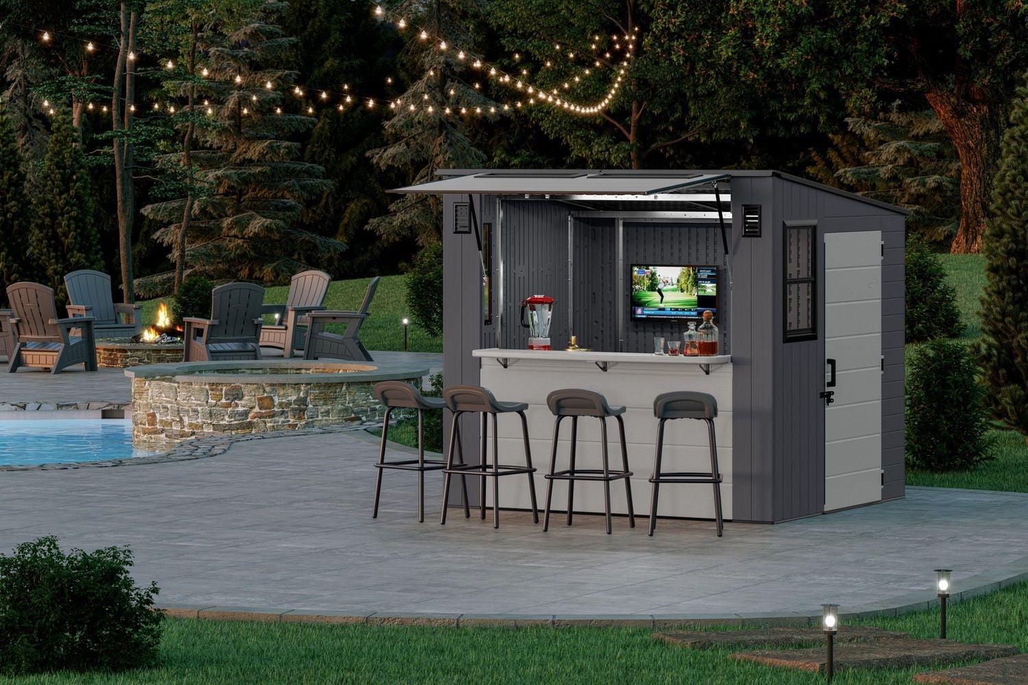 Suncast 8' x 7' Resin Cabana Entertainment Shed - Outdoor Storage & Bar Shelter 60 Sq ft (362 Cu. ft.) - Cool Gray/Dove Gray