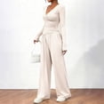 thumbnail image 5 of NMMUED 2 Piece Outfits for Women Long Sleeve Wrap V Neck Top Pleated Wide Leg Pants Set Casual Elegant Lounge Matching Suits Beige L, 5 of 9