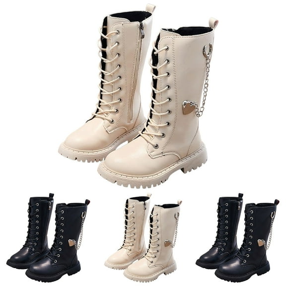 Dakaela Girls Riding Boots Leather Lace up Mid Calf Combat Booties Side Zipper Waterproof Winter Walking Shoes for Little Big Kids Black