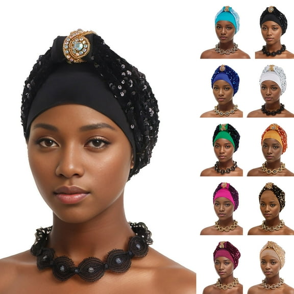 Nmnitkp Turbans Cap Rhinestone Headwrap Beanie Pre Tied Head Cover Bonnet Women Muslim Stretchy Pleated Headscarf Hat Black