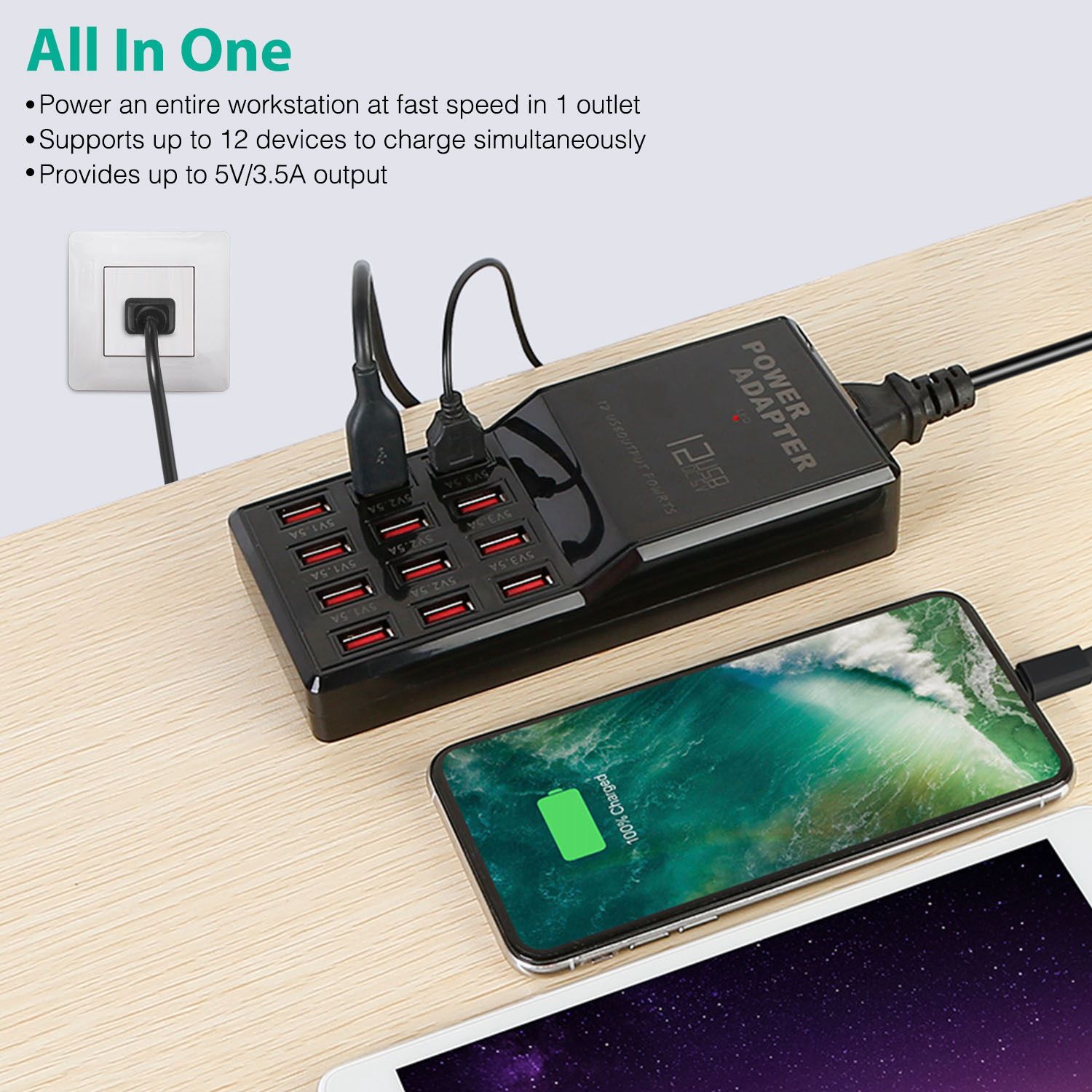 12-Port USB Charging Station 60W - Fast 3.5A Per Port Desktop Hub with Smart IC, Overload Protection for iPhone/iPad/Camera - Compact 6.7" Family Power Strip