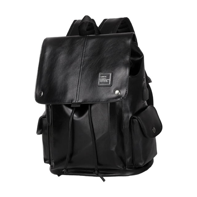 Mochila de cuero sintético de moda, ligera y casual, con puerto USB, compatible con 15.6" negro