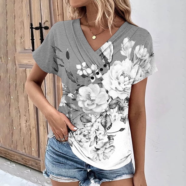 Fiudx Ofertas Del Día Top Informal de Primavera y Verano de Manga Corta con Cuello En V para Mujer
