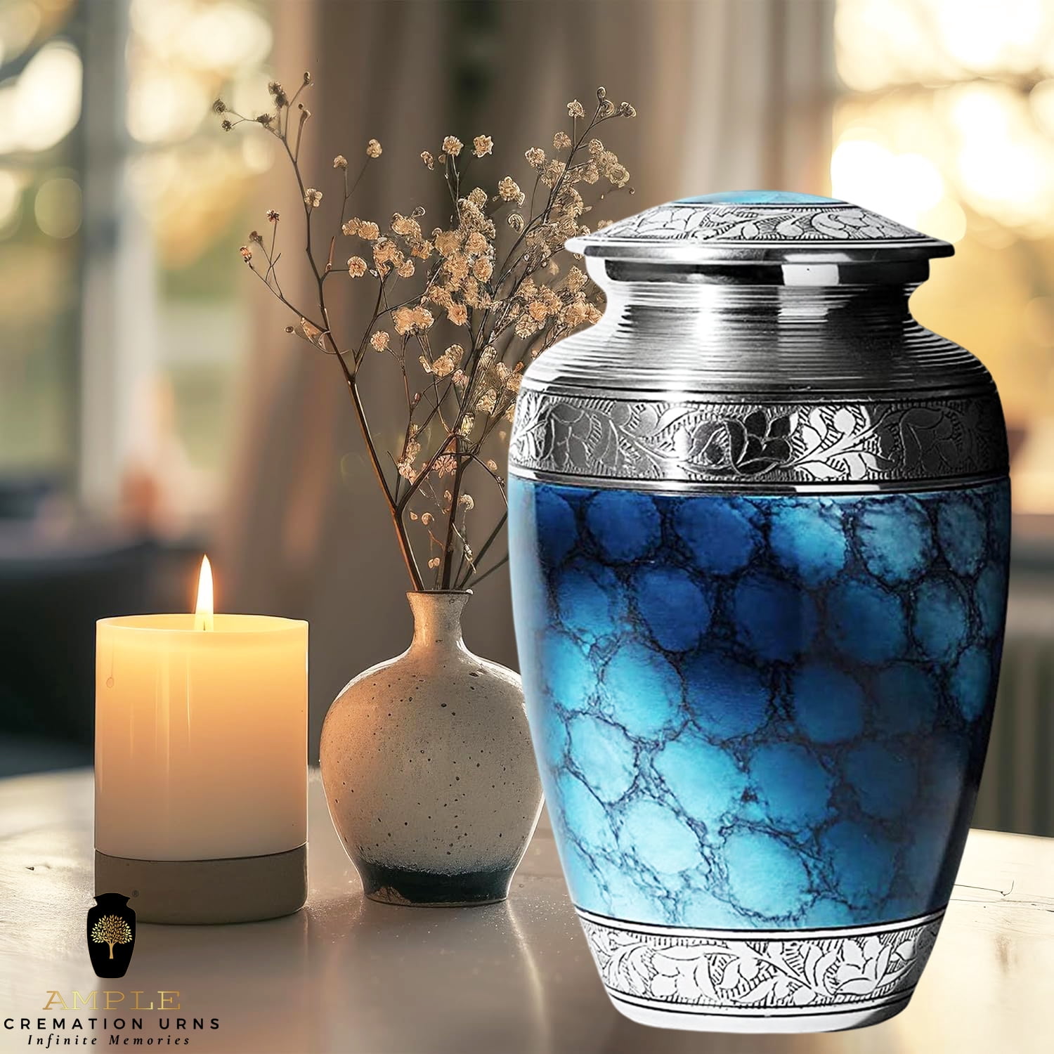 Blue Urn Handmade Aluminium Cremation Urn 10 Inch Memorial Urn for Human Ashes, Decorative urn Delivery in 2 days