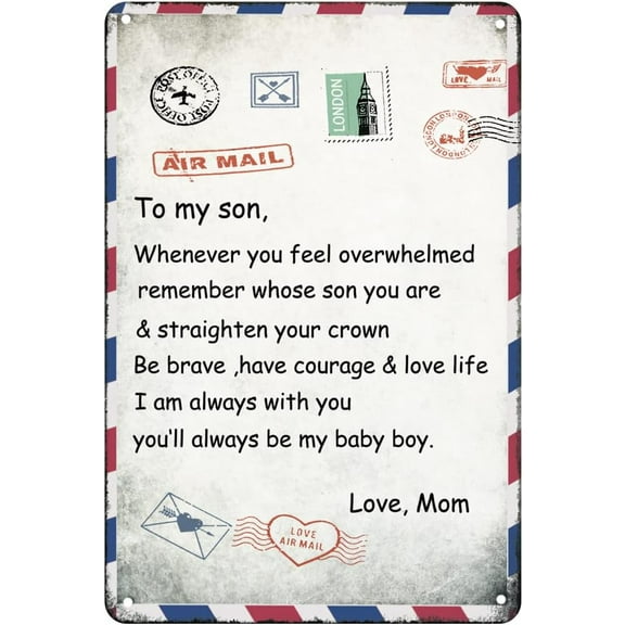 to My Son Letter Printed Vintage Tin Sign Mom for Son Air Mail Wall Sign Son Letter Sign Positive Encourage Love Son's Wall Art for Bedroom Decor Christmas Birthday Gift for Son 12x8 inches