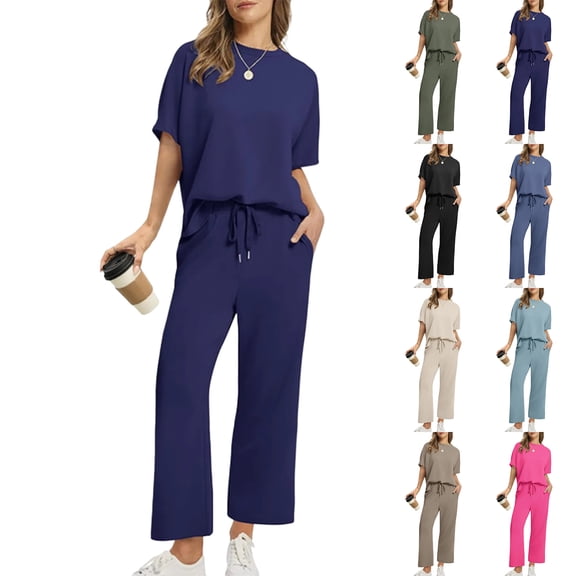 Two Piece Sets for Women Short Sleeve Lounge Matching Casual Outfits Wide Leg Pants Summer Vacation Travel Outfits Beige 2XL