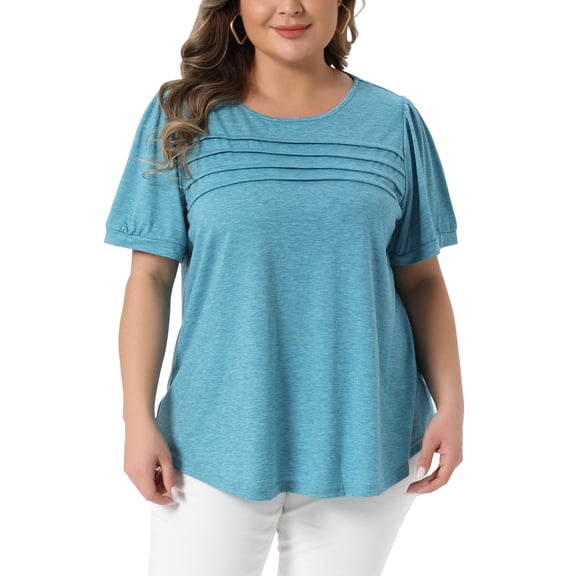 Agnes Orinda Women's Plus Size Top Crew Neck Short Sleeve t Shirts Flowy Pleated Dressy Casual Tunic Blouses 1X Lake Blue