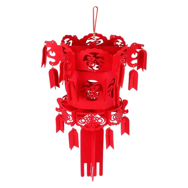 Linternas de fieltro, 2 juegos de farolillos rojos tradicionales del festival chino de manta con decoración de personajes de fortuna y riqueza, significa festivo y auspicioso Amonsee NO