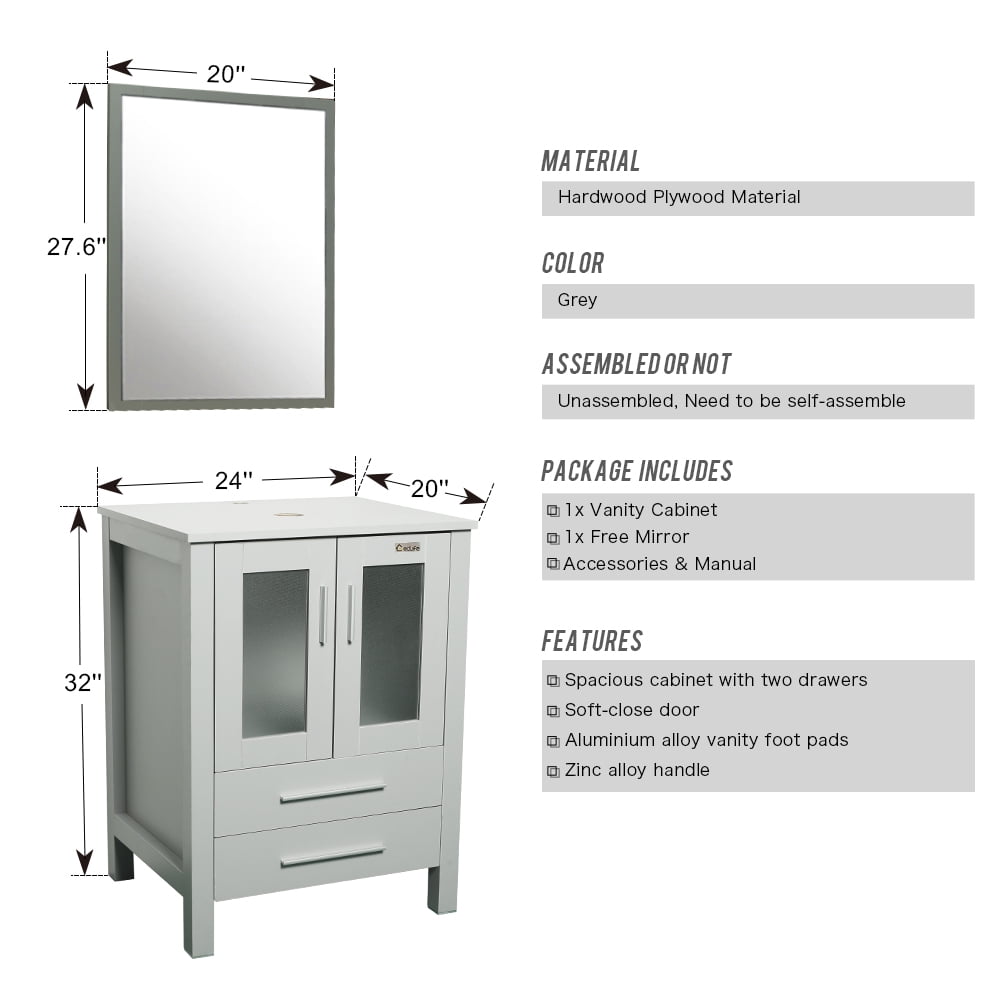 Eclife 24" Gray Bathroom Vanity Set with Wood Top,Green Glass Sink, Water Saving Faucet, Pop up Drain Combo
