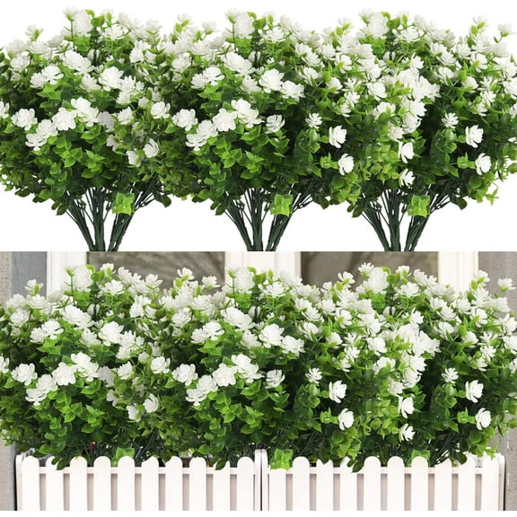 10 Bundles Artificial Outdoor Plants, Artificial Greenery for Flower Arrangements Shrubs UV Resistant Faux Plastic Plants Spring Decorations for Home Front Porch Decor(White)
