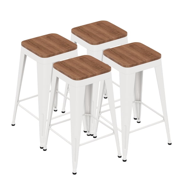 Counter Height Bar Stools Set of 4, Industrial Metal Frame with Wood Top, Stackable Backless Design for Kitchen Cafe Restaurant, 30 Inch, White