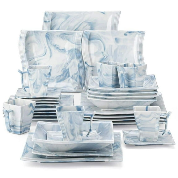 30-Piece Marble Blue Porcelain Dinnerware Set Service for 6 Tableware Set Dining Set with Plates Cups and Saucers