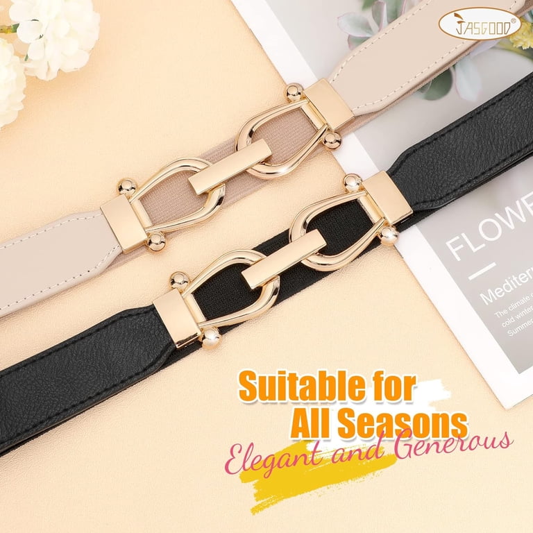 Stretchy Skinny Waist Belt with Gold Buckle - Elastic Adjustable Ladies Belt Women Neon Coral Elastic Skinny Cincher Fashion Belt Gold  main image 4
