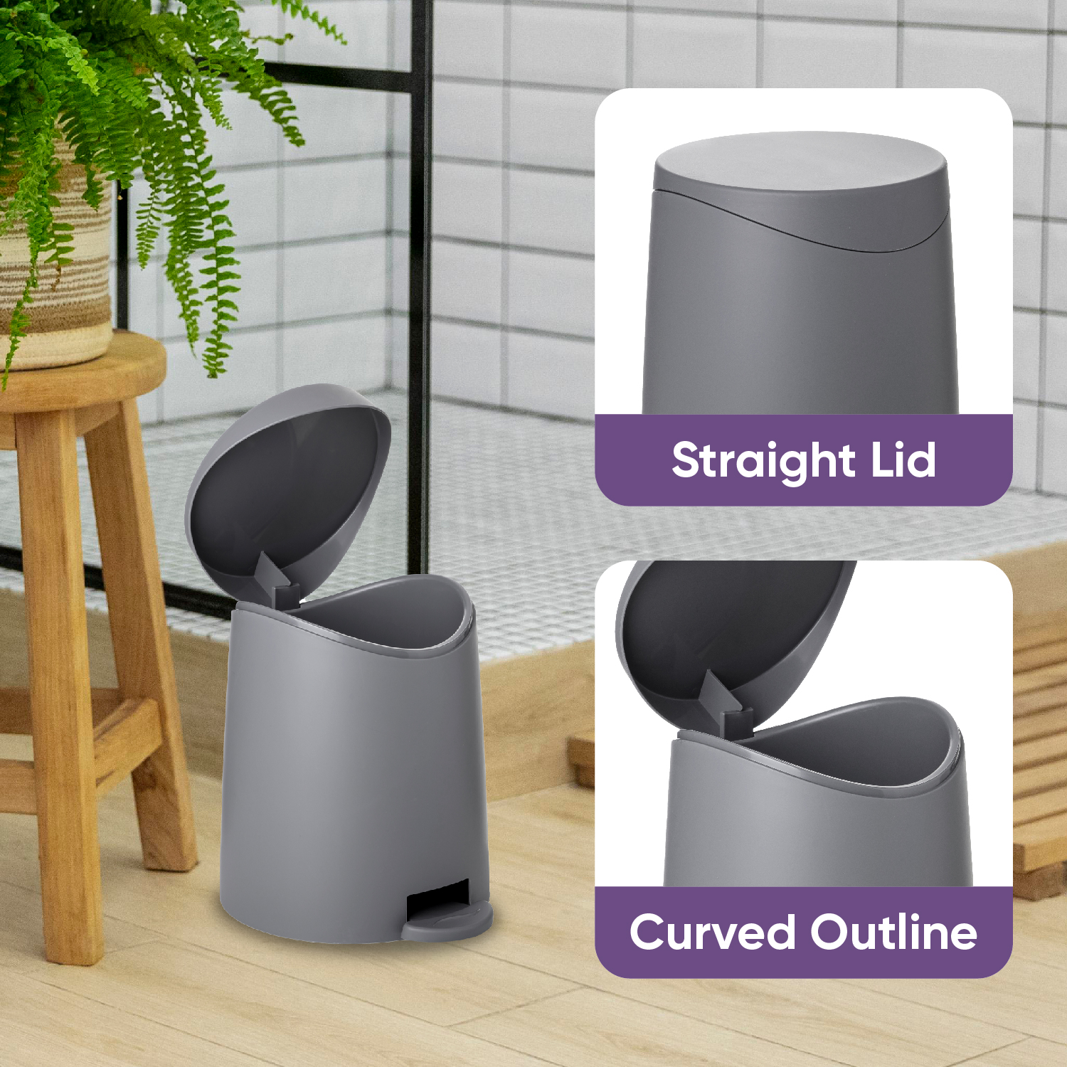 Superio Small Trash Can with Lid 3 Liter, Plastic Mini Waste Bin 0.75 Gallon, Modern Flat Lid Step Trash Can with Foot Pedal, Bathroom, Bedroom, Office, Under Desk, Soft Close (Gray, 2 Pack)