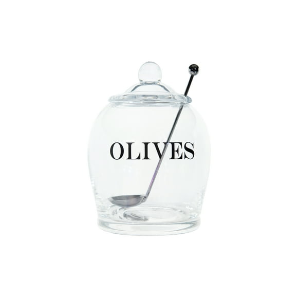 Creative Co-Op Clear Glass "OLIVE" Jar with Lid & Slotted Stainless Steel Spoon (Set of 3 Pieces including Lid)