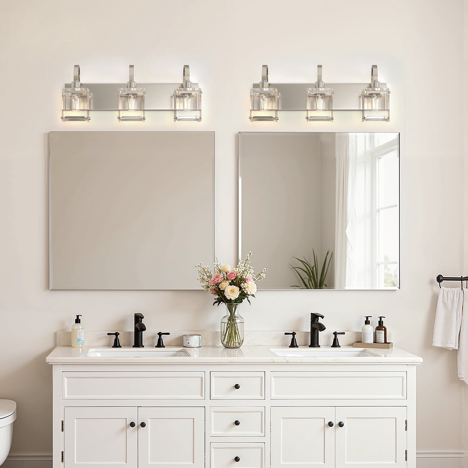 YANSUN 23.5 in 3-Light Brushed Nickel Modern Bathroom Vanity Light with Square Glass Shades for Bathroom Hallway (Bulbs Not Included)