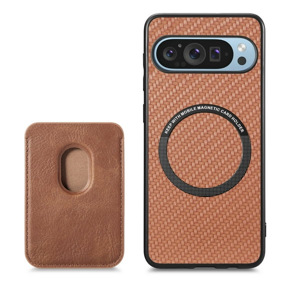 Carbon Fiber Texture PU Leather Case for Google Pixel 9 / 9 Pro, with Detachable Card Holder, Compatible Magsafe Charging, Ultra Thin Design Shockproof Phone Case for Google Pixel 9 / 9 Pro, Brown