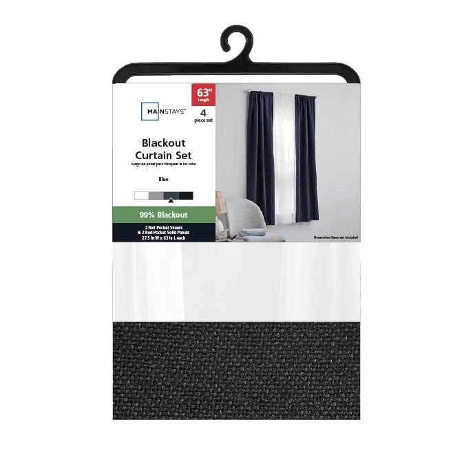 Mainstays Solid Twill Blackout Curtain Panel and Sheers, Set of 4, Rich Black, 27.5" W x 63" L