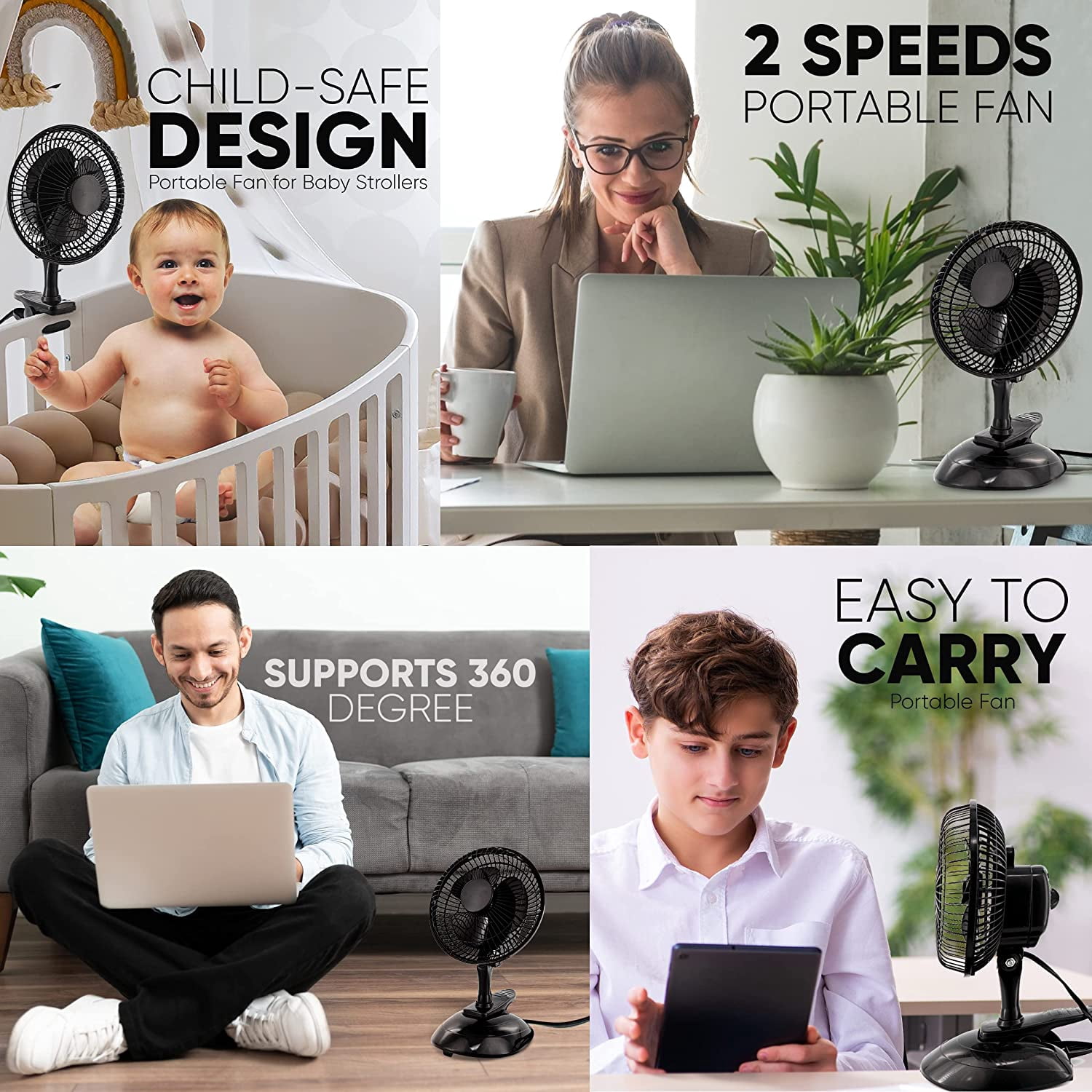 RamPro Portable Desk and Clip on Fan, 6 Inch Fans Small and Quiet Plug In, Small Personal Cooling Fan for Desk Home Bedroom Office, 2 Speed, Adjustable Tilt, Black, 2 Pc