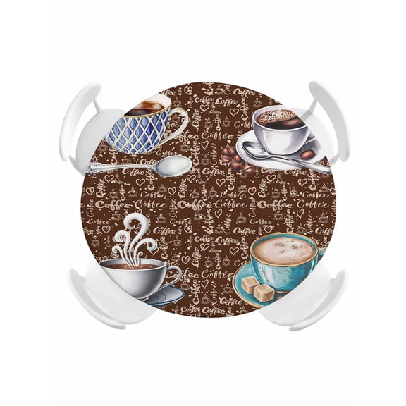 Round Fitted Tablecloth,Farm Coffee Drink Candy Coffee Beans Circle Table Cover Waterproof Table Cloth with Elastic Edge,Country Shabby Style Vintage Brown Outdoor Tablecloths for Kitchen 36-44in