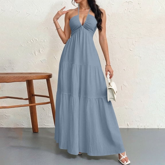 QUNYINEY Sleeveless Womens Dresses Casual Blue Maxi Cotton And Linen A Line Slip Dress V Neck Flowy Summer Loose Fit Blue Dresses
