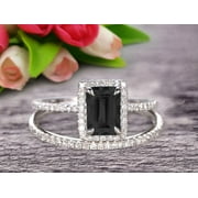 JEENJEWELS 2.25 Carat Emerald Cut Wedding Set Black Diamond Moissanite Engagement Ring With Matching Band On 10k White Gold