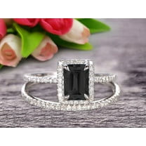 2.25 Carat Emerald Cut Wedding Set Black Diamond Moissanite Engagement Ring With Matching Band On 10k White Gold