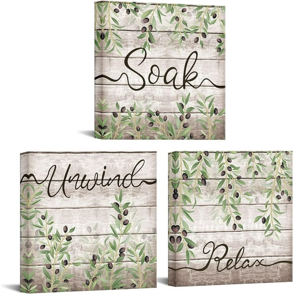 Sage Green Bathroom Canvas Relax Soak Unwind Sign Wall Art Olive Green Leaves Painting Prints Botanical Picture Artwork for Bathroom
