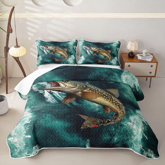 Erosebridal Teal Rustic Pike Fish Twin Quilt Set for Boys Men, Farmhouse Ocean Wave Twin Coverlet Set, 2pcs
