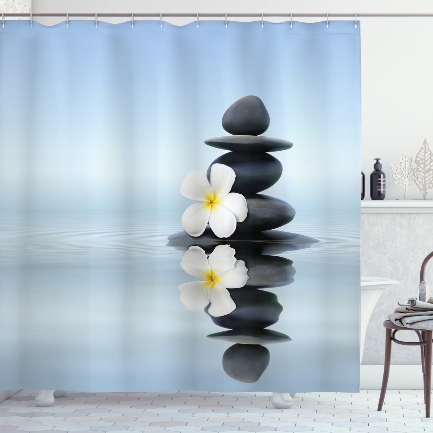 Spa Shower Curtain Asian Zen Massage Stones 100% Polyester Fabric 71 Inches Long 