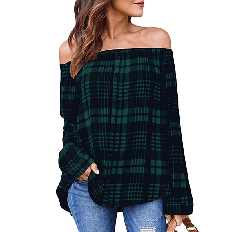 Shoulder Button Down Shirt Plaid Tops 