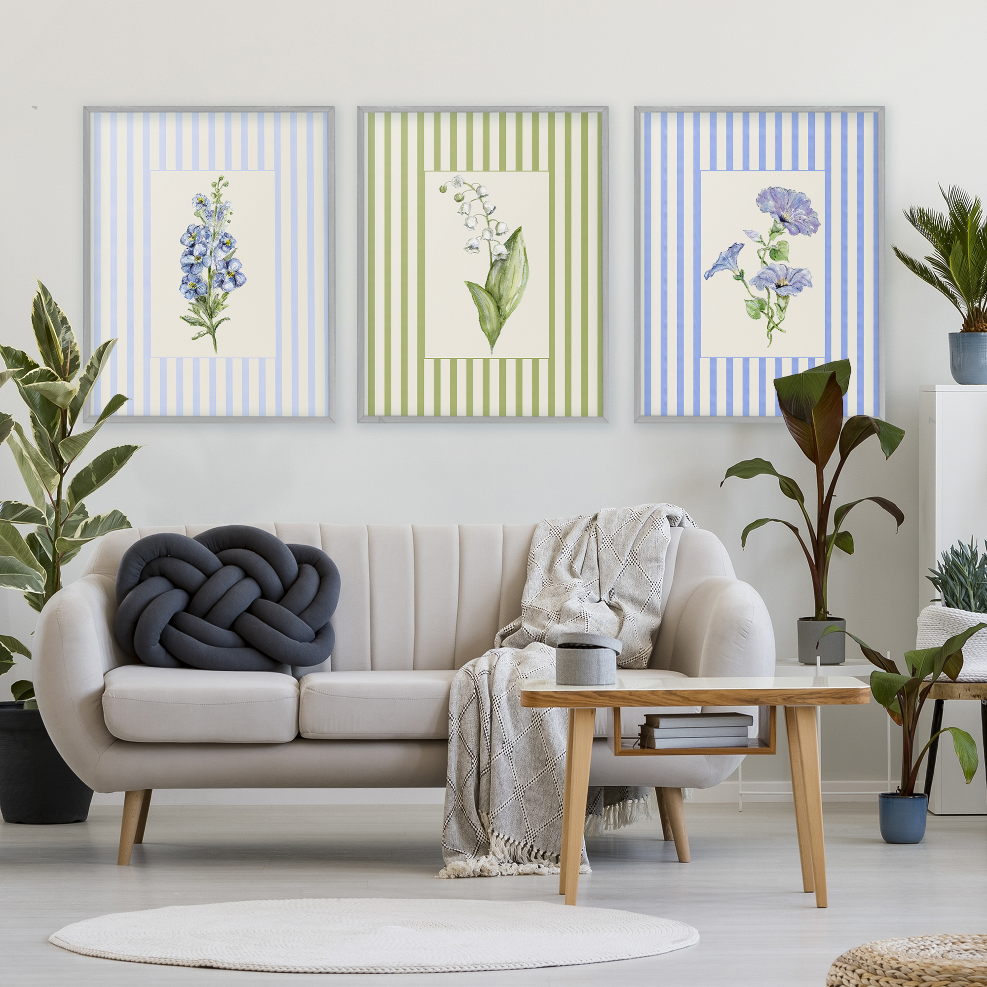 Soft Stripe Cottage Blooms 3 Piece Gray Framed Giclee Art Set, design by Lisa Wehmeyer