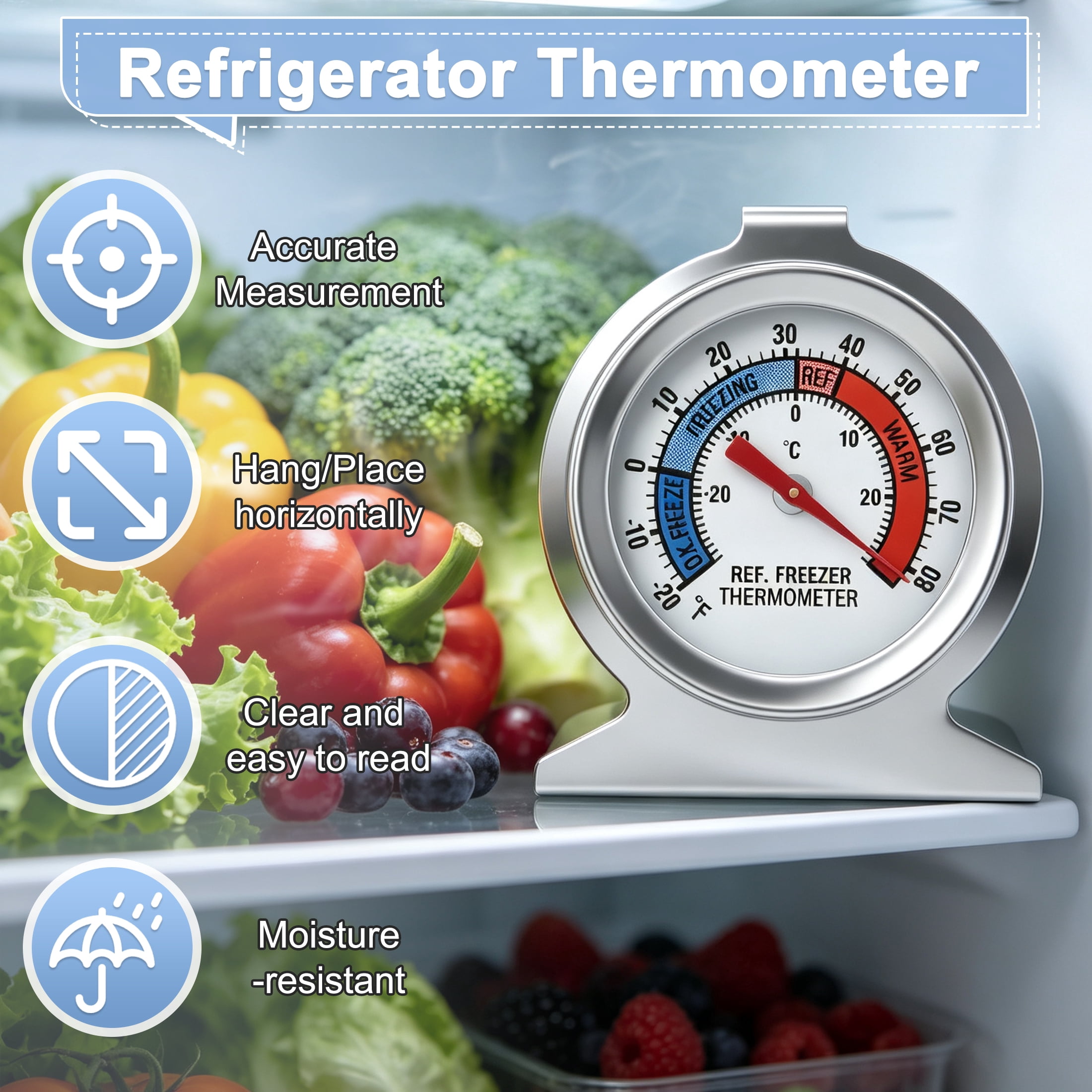 4‑Pack Refrigerator Freezer Thermometer, Stainless‑Steel Analog Dial Temperature Gauge, Dual ℃/℉ Scale, Hanging Standing Thermometer for Household Fridge & Commercial Cold‑Storage