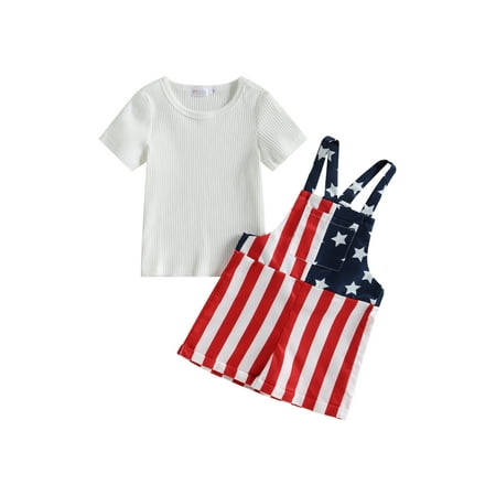 

Bagilaanoe 4th of July Clothes for Toddler Baby Girls Short Sleeve Tops + Stars Stripes Suspender Short Pants 1T 2T 3T 4T 5T 6T Kids Independence Day Outfits 2pcs Overalls Shorts Set