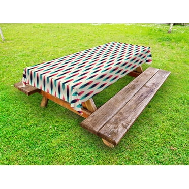 Vintage Outdoor Tablecloth, Geometric Retro Style Curve Pattern Grunge Style Ethnic Traditional Design, Decorative Washable Fabric Picnic Tablecloth, 58 X 104 Inches, Blue Red and Cream, by Ambesonne