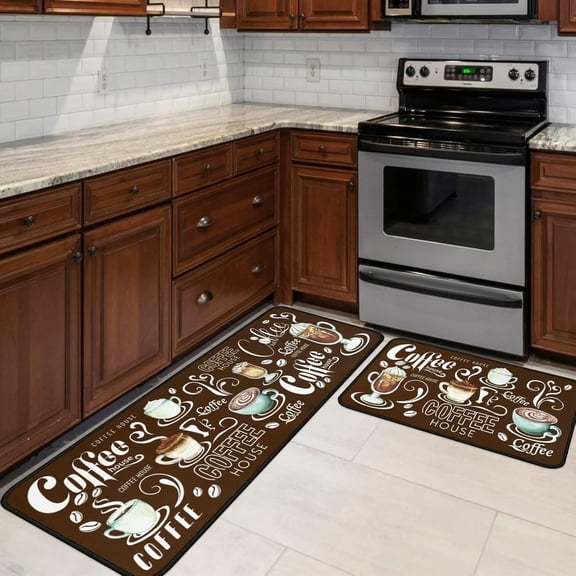 Coffee Kitchen Rugs and Mats Non-Skid Washable for Floor, Brown Farmhouse Coffee Kitchen Decor and Accessories Kitchen Mat Set of 2, 17"x30" 17"x47"