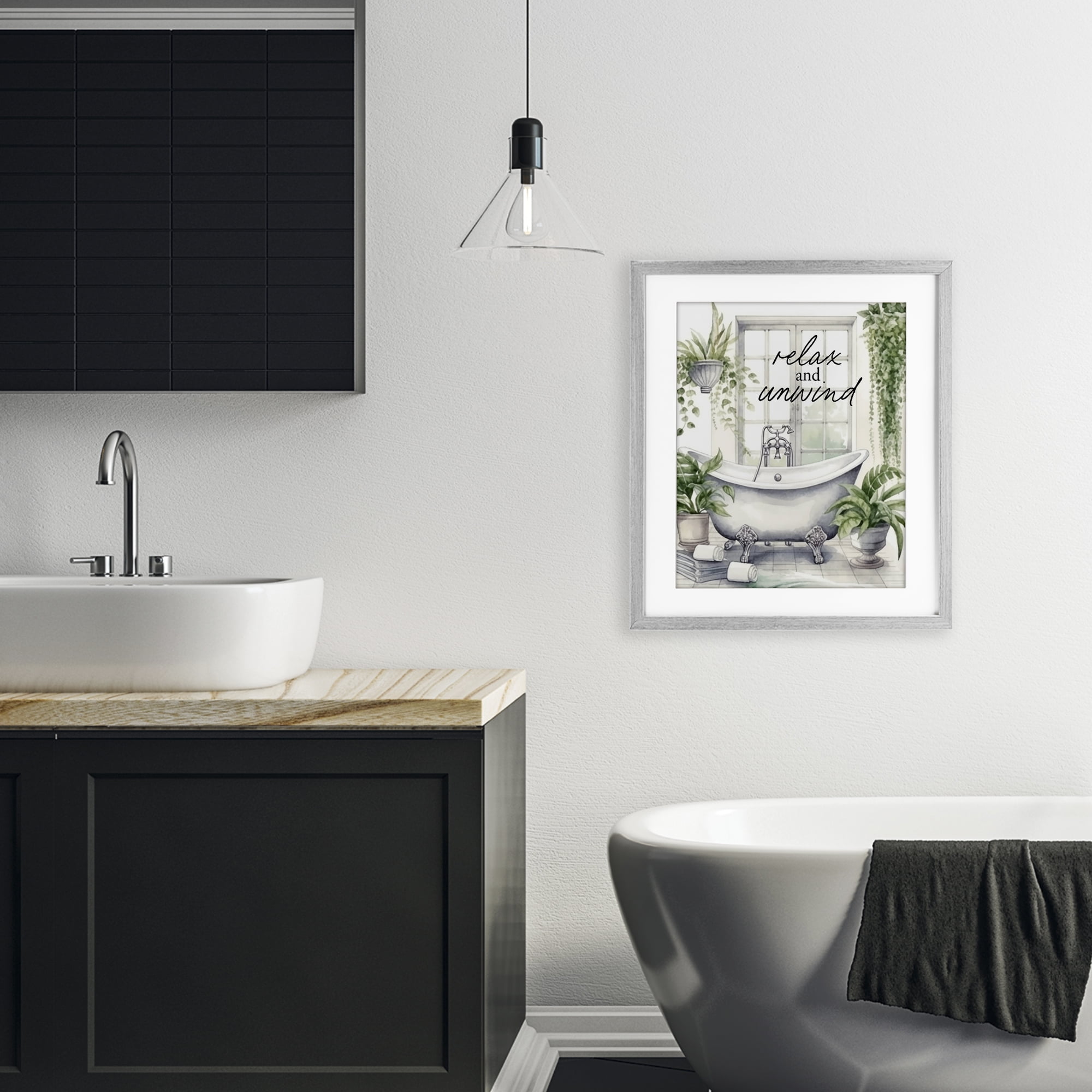 Relax Unwind Bath & Foliage Gray Framed Print Under Glass, design by Lettered and Lined