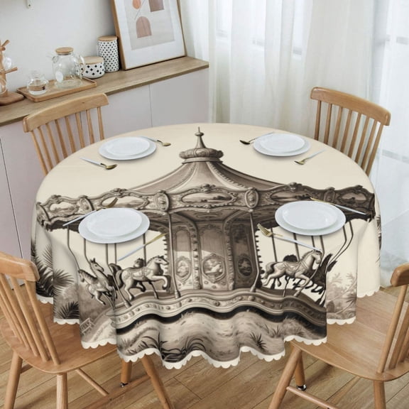 Vintage Carousel Monochrome Frame Round Tablecloth Waterproof Oil-Proof Plastic Table Cloth Stain-Resistant Wipeable 60" for Camping, Dining, Indoor and Outdoor