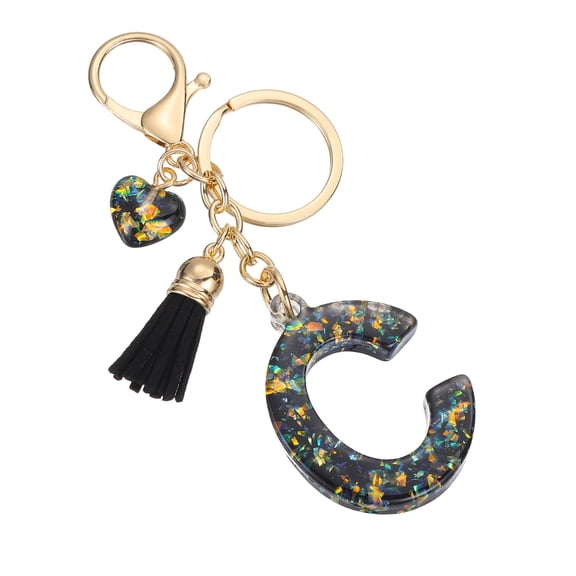 Uxcell Initial Letter Keychain, Cute Letter-C Keychains Women Sparkly Bling Love Tassel Floral Charm Key Chain for Bag Backpack Purse Car Keys Accessories, Black