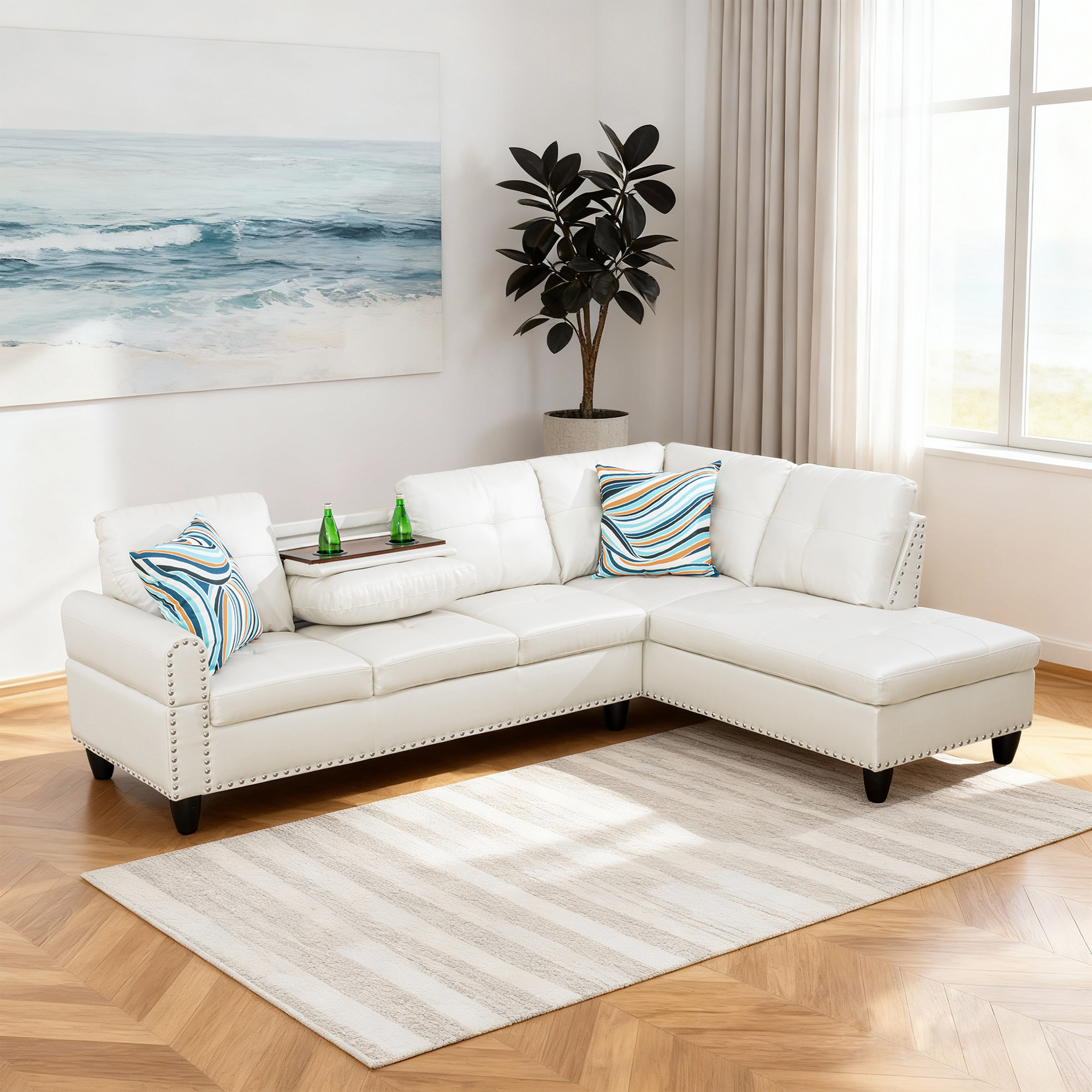 MAYEERTY 97.5" Faux Leather Sectional Sofa, 2-Piece Modular Couch Living Room Sofa Set without Ottoman, White (Right)