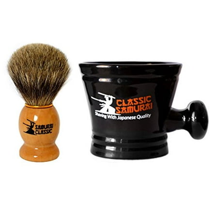 Classic Samurai Men Premium Shaving Set 100% Pure Badger Shaving Brush and Classic Samurai Porcelain Shaving Mug