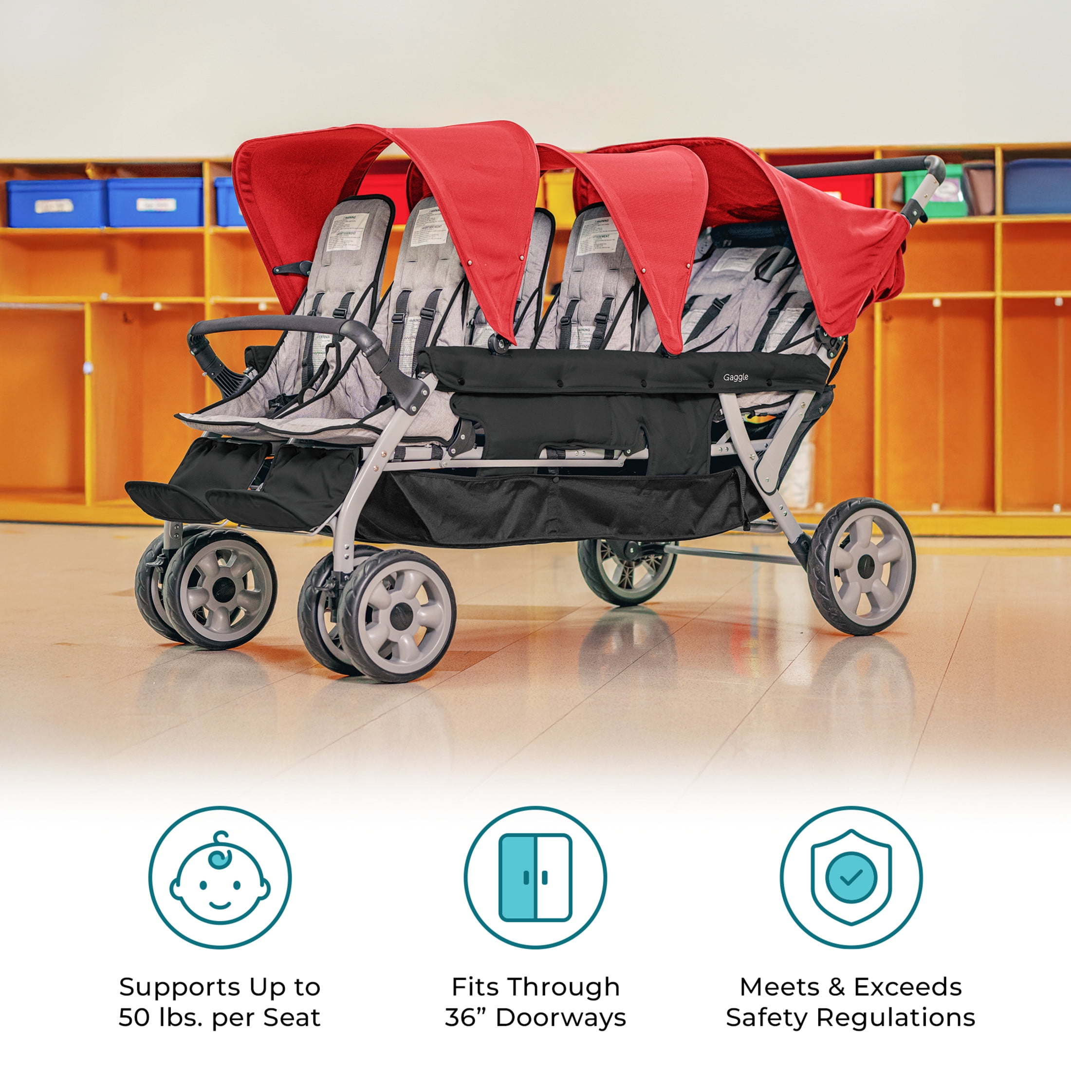 Foundations Gaggle Jamboree 6-Seat Folding Daycare Stroller with Canopies, Reclining Seats, Red/Black