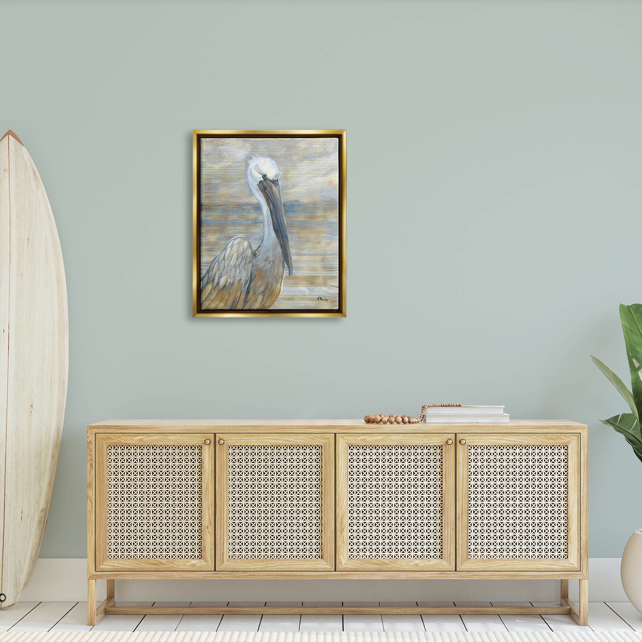 Stupell Industries Coastal Pelican Bird Abstract Portrait Painting Metallic Gold Floating Framed Canvas Print Wall Art, Design by Paul Brent