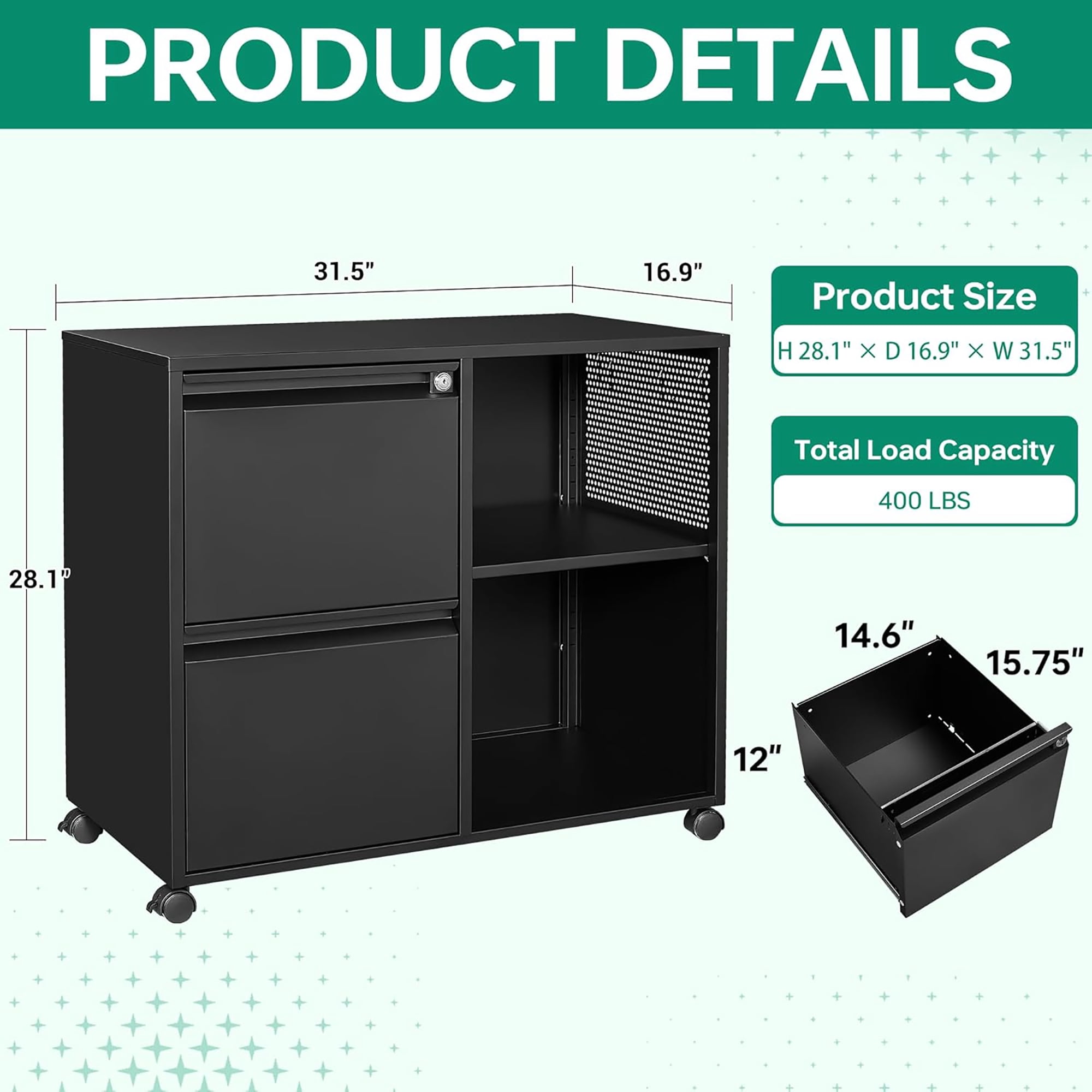 Fesbos File Cabinet with Lock, Metal Rolling  Storage Cabinet for Home Office Organization,2 Drawer Lateral Filing Cabinet with Hooks for Letter/Legal/A4 Size