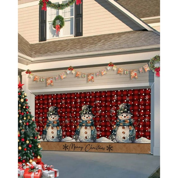 Garage Door Banner Cover 7 x 16 ft, Christmas Cartoon Snowman with Snowflakes Red Plaid Christmas Garage Door Decorations Holiday Christmas Backdrop Decor for Winter New Year Xmas Party