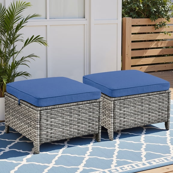 Outdoor PE Wicker Ottomans Set of 2, Patio Gray Rattan Footrests with Blue Cushions for Backyard or Deck