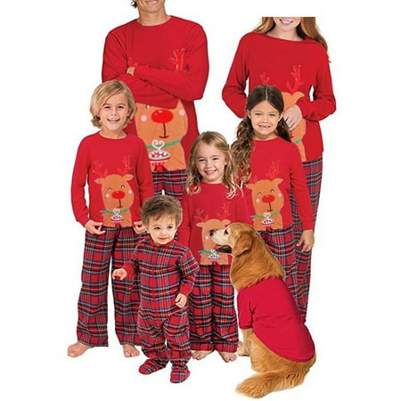 

Yinyinxull Christmas Family Matching Pyjamas Sets Reindeer Pattern Long Sleeve Tops+Plaid Pants Sleepwear Loungewear