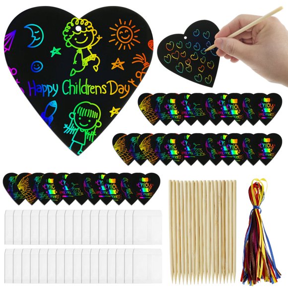 36Pcs Scratch Paper Heart Shape Colorful DIY Scratch Art Set with Ribbons Envelope Bags
