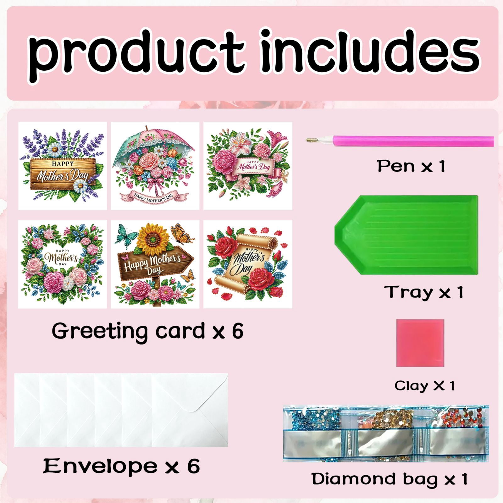 FLOPESN DIY Mother's Day Diamond Art Greeting Card Kit with White Envelope, 5.91X11.81in Flowers Theme, Creative Design Blessing Gift Folding Card Set