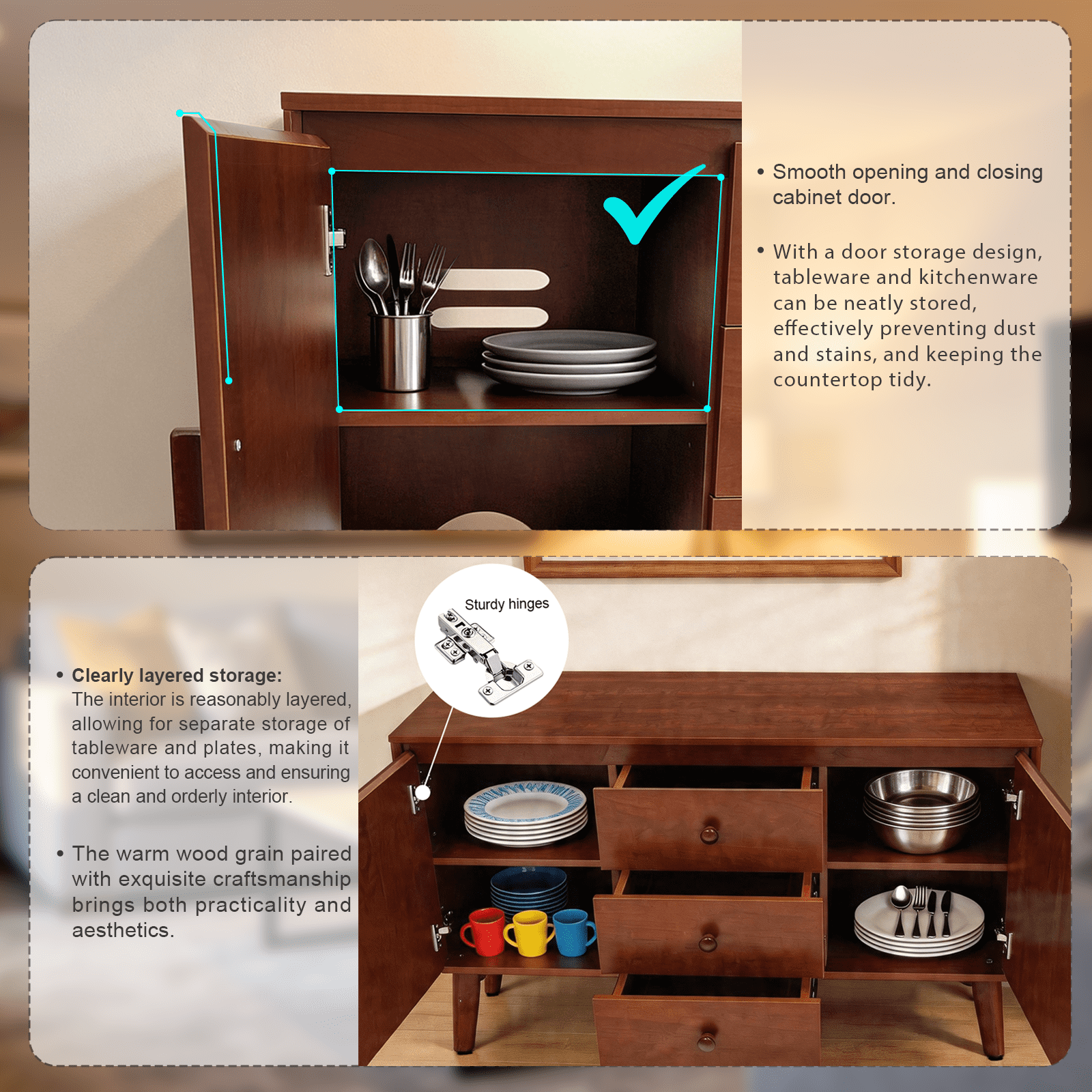 47.3" Sideboard Buffet Cabinet, Kitchen Buffet Cabinet with Solid Wood Frame Legs & Wooden Handle, Storage Cabinet with 2 Doors and 3 Drawers for Kitchen,Dining,Living Room, Walnut